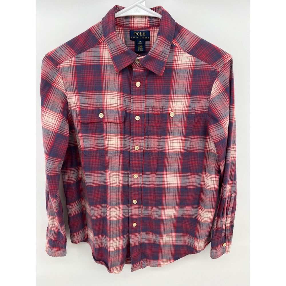 Polo Ralph Lauren Boys M 10-12 Plaid Flannel Button Down Shirt Red Navy Preppy